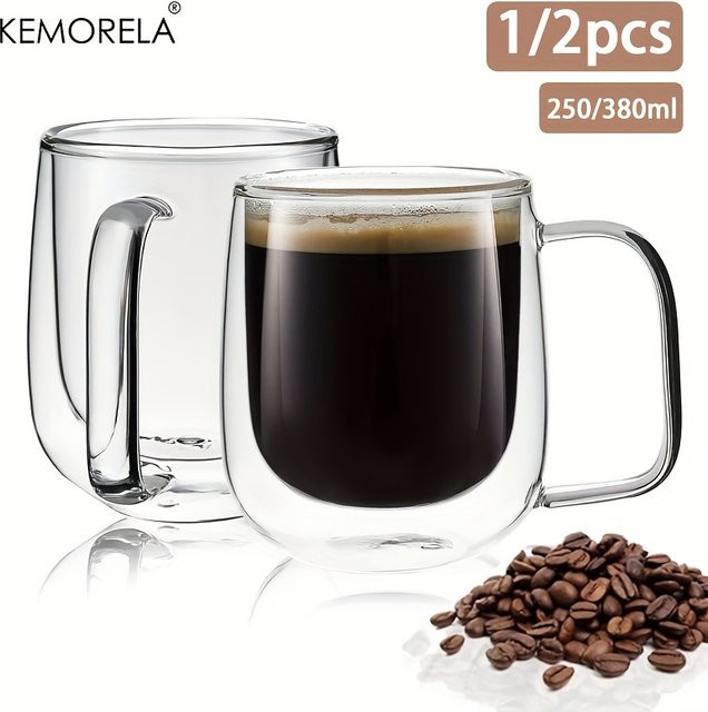 KEMORELA Doppelwandige Kaffeetasse aus Klarglas mit Griff, transparent, 250 ml - Bild 1