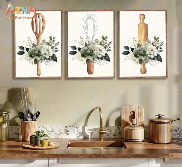 AZNM Wandbild Kayou Botanischer Druck mit Blumen auf Leinwand in Salbeigrün im Landhausstil - Bild 1