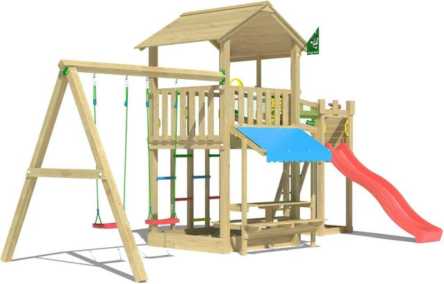 Jungle Gym Spielturm Cascade aus Holz mit 2 Schaukeln, Brücke und Rutsche in Rot - Bild 1