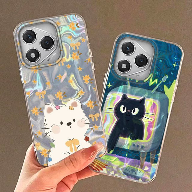 Handyhülle mit Schwarzer Katze und Blumen Motiv für Honor Modelle in Schwarz und Multicolour - Bild 1