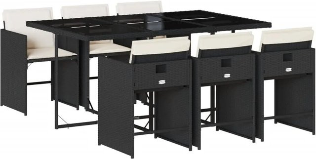 vidaXL 7-tlg Garten-Essgruppe aus Poly-Rattan mit Kissen und Glastisch in Schwarz und Cremeweiß - Bild 1