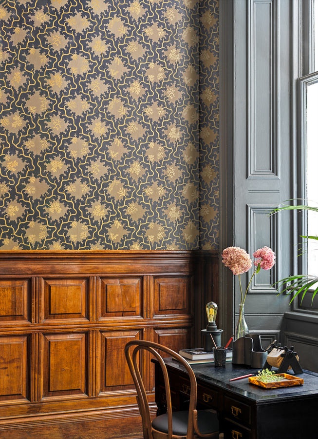 Cole & Son Tapete Moss Trellis in Schwarz und Gold mit Vliesbeschichtung im Art Deco Design - Bild 1