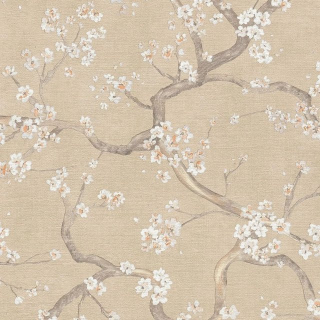 Profhome Tapete Floral in Beige, Creme-Weiß, Grau und Orange mit botanischem Blumenmuster, Vlies-Tapete, matt, 0,53 m x 10,05 m - Bild 1