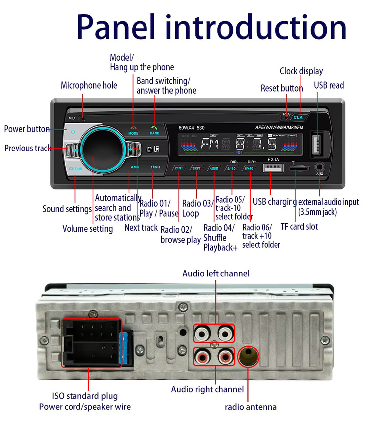 BQCC Universal Autoradio 1DIN MP3-Player mit Bluetooth, FM, AUX, USB und Telefonladefunktion in Schwarz mit 7 farbiger Beleuchtung für Volkswagen, BMW, KIA und FORD - Bild 5