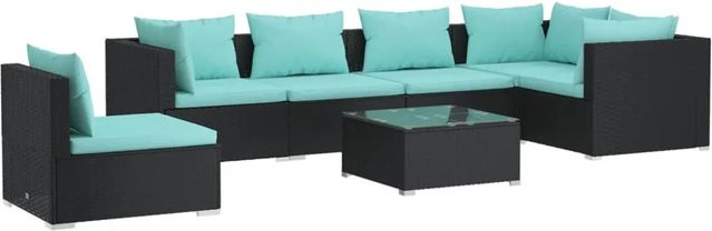 vidaXL 7-tlg. Garten-Lounge-Set in U-Form aus Poly-Rattan mit Kissen und Couchtisch in Schwarz - Bild 1