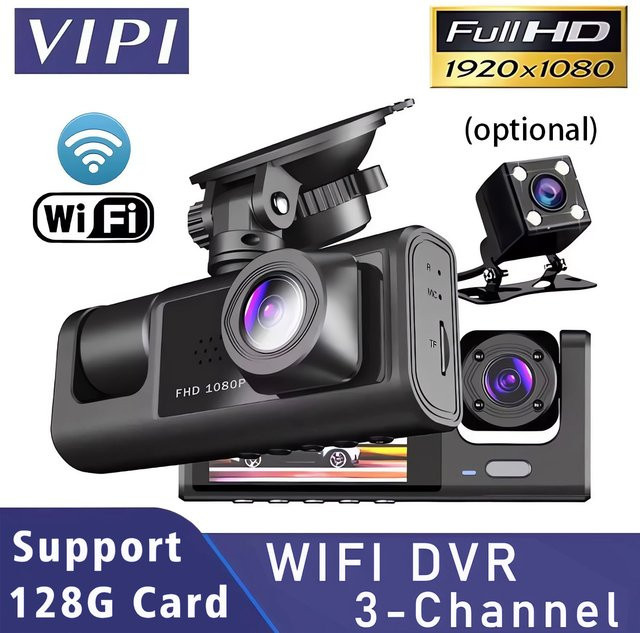 MYOLSD 3-Kanal Dashcam mit WiFi und Full HD 1080P, Auto DVR Innenraumkamera und Fahrzeug-Videorekorder, Schwarz - Bild 1