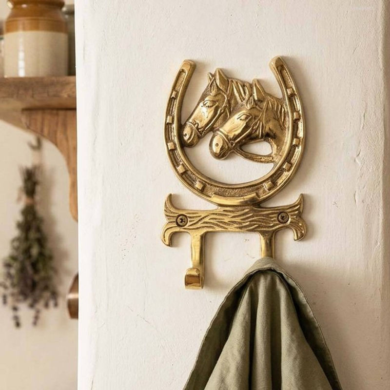Wandgarderobe Hufeisen in Messing Gold im rustikalen Antik-Stil mit Haken, B/H: 14 x 9 cm - Bild 1