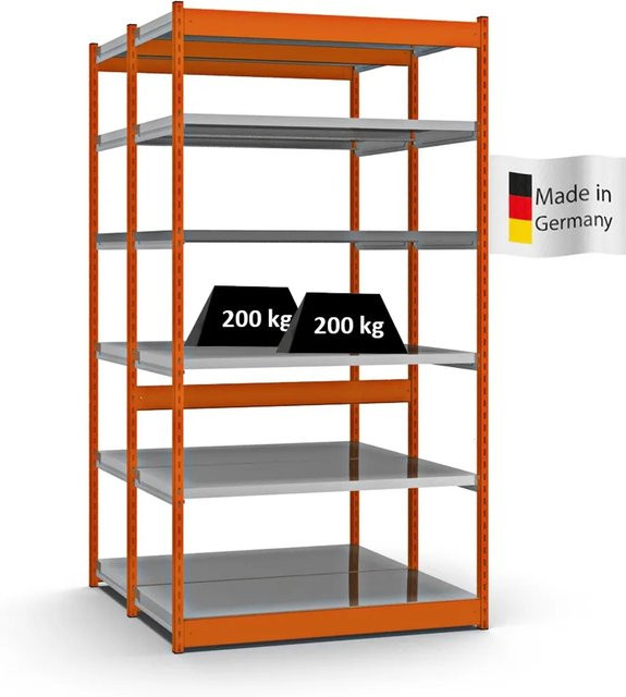 PROREGAL Fachbodenregal Stecksystem mit Vierkant-Profil, 2x6 Ebenen, Doppelseitige Bauart, Orange, H x B x T: 250 x 132,5 x 60 cm - Bild 1