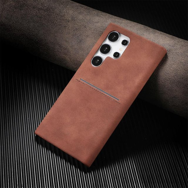 Retro Lammleder Handyhülle mit Kartensteckplatz für Samsung Galaxy S26 S25 S24 S23 Ultra A15 A25 A35 A55 A34 A54 in Braun mit mattem Bumper Cover - Bild 1