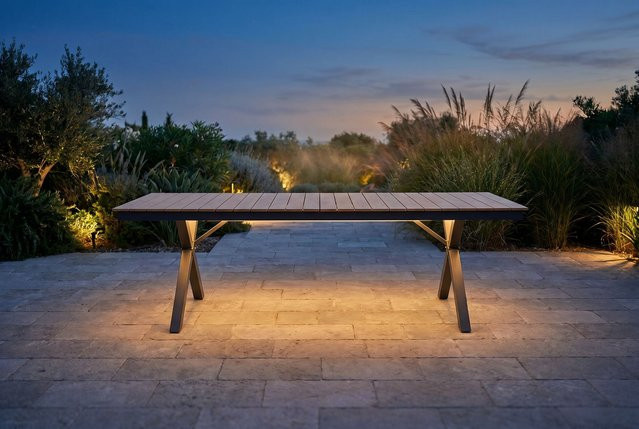 OUTFLEXX Luminara LED-Esstisch in Anthrazit mit X-Gestell, B/T: 240 x 100 cm, aus Aluminium und Holzimitat mit beleuchtetem Tischrahmen - Bild 1