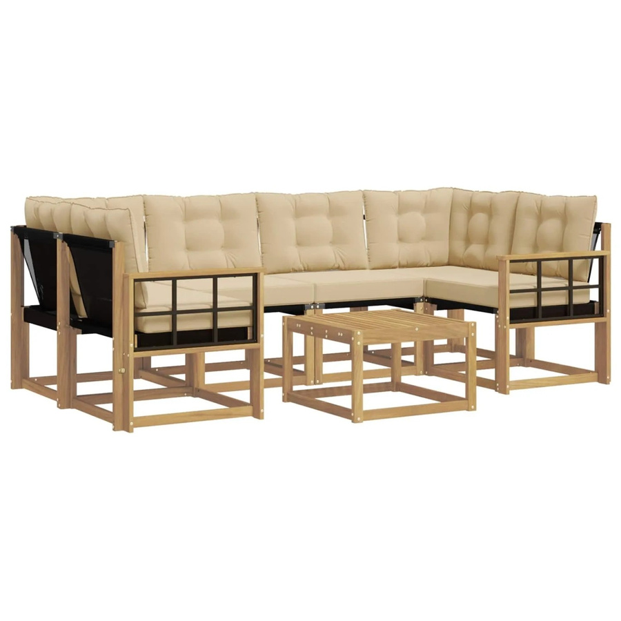 vidaXL 7-tlg. Outdoor-Sofagarnitur in L-Form aus Akazienholz mit Kissen und Couchtisch, Weiß und Beige - Bild 2