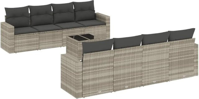 vidaXL 9-tlg. Garten-Sofagarnitur in L-Form aus Poly-Rattan mit Kissen, Hellgrau - Bild 1
