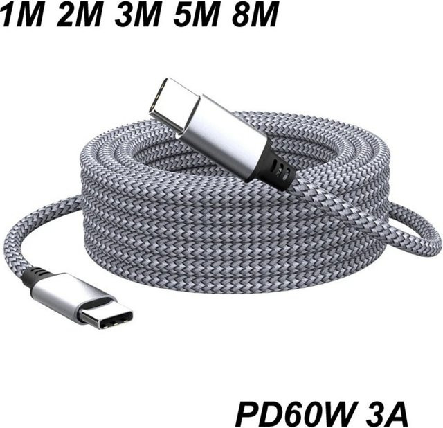 Ausziehbares USB-C auf USB-C Schnellladekabel mit 60 W PD Leistung in Grau - Bild 1