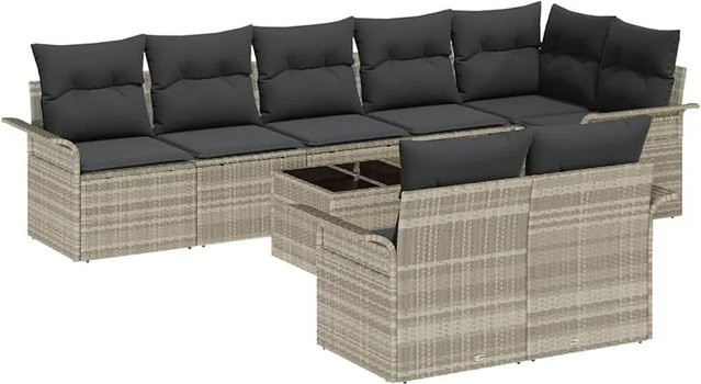vidaXL 9-teiliges Gartensofa-Set aus Polyrattan in Grau mit Kissen und Ottomane für Garten, Balkon oder Terrasse - Bild 1
