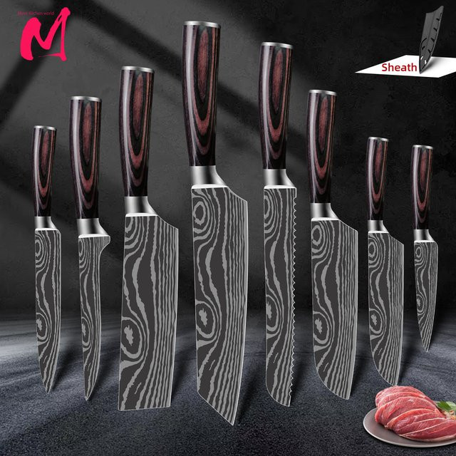 MYVIT Küchenmesser-Set aus 7CR17 Hochkohlenstoff-Edelstahl mit Damast-Effekt in Silber: Gyuto, Hackmesser, Tranchiermesser, Santoku und Kochmesser - Bild 1
