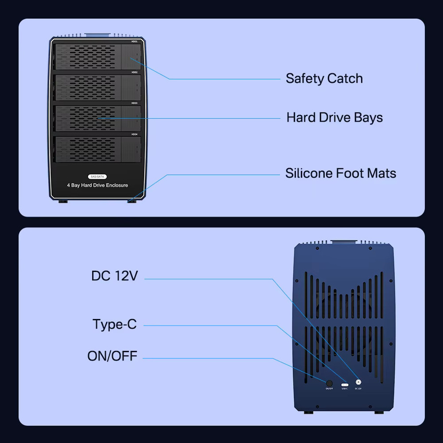 ACASIS 4-Bay SAS/SATA externes Festplattengehäuse für 2,5 und 3,5 Zoll HDD/SSD mit USB-C und USB-A Anschluss - Bild 5