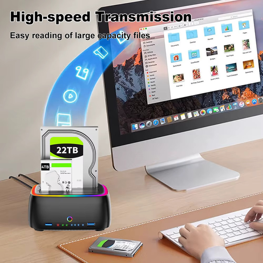 Kebidu USB 3.0 Dual-Bay HDD-Dockingstation mit One Click Offline Copy und RGB-Lichteffekt für 2,5 und 3,5 Zoll HDD/SSD, Schwarz/Multicolor - Bild 2