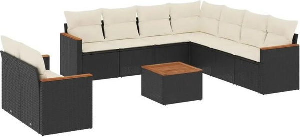 vidaXL 10-teilige Garten-Sofagarnitur mit Kissen aus Poly-Rattan und Akazienholz in Schwarz