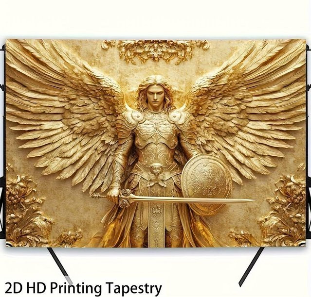 Glam Style Erzengel Michael Wandteppich von JMG Household Supplies in Gold, Luxuriöser Wandbehang mit Engelsdesign für Wohnzimmer und Schlafzimmer, B: 350 cm, H: 180 cm - Bild 1
