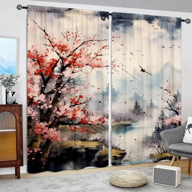 2er-Set Landschaftsmalerei Vorhang aus Polyester in Grau und Multicolour, semi-transparent mit Stangentasche, B: 52,5 cm, H: 116 cm - Bild 1