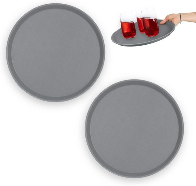 Relaxdays Serviertablett 2er Set aus Kunststoff und Gummi, Grau, rutschfest, Durchmesser: 35 cm - Bild 1