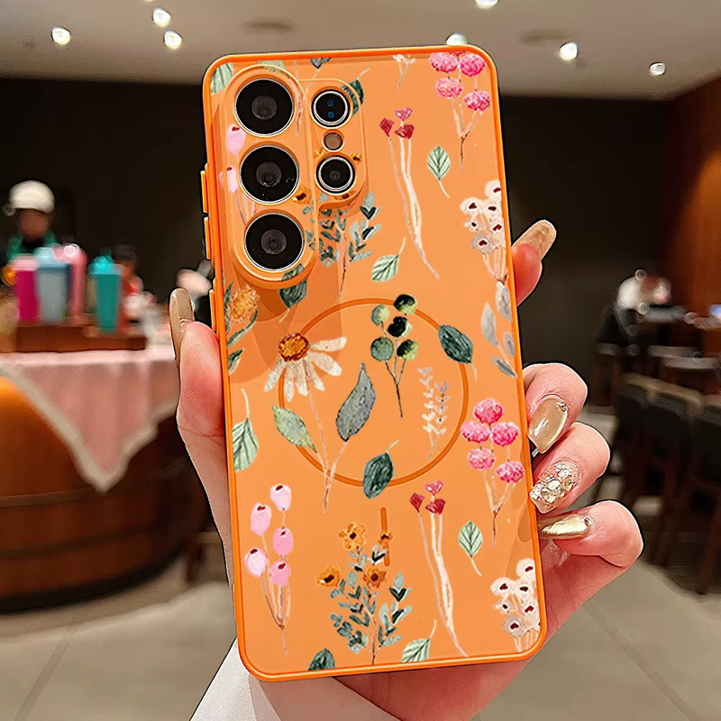 Magnetische Handyhülle mit buntem Blumenmuster für Samsung Galaxy S25 S26 Ultra S24 S23 FE A17 A56 A37 A16 A55 A15 A36 A55 Cover in Multicolour und Orange - Bild 2