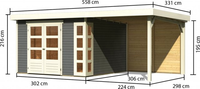 Gartenhaus KERKO 6 in Terragrau mit 240 m² Anbaudach und Rückwand, Wandstärke: 19 mm, B: 522 cm, T: 306 cm - Bild 1