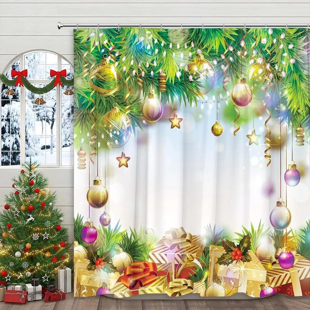 Weihnachts-Duschvorhang mit Schneemann, Weihnachtsbaum und Hirsch Motiv von Household supplies MH, Farbe: Beige/Rosa/Mehrfarbig, Material: Polyester, B x H: 90 x 180 cm - Bild 1