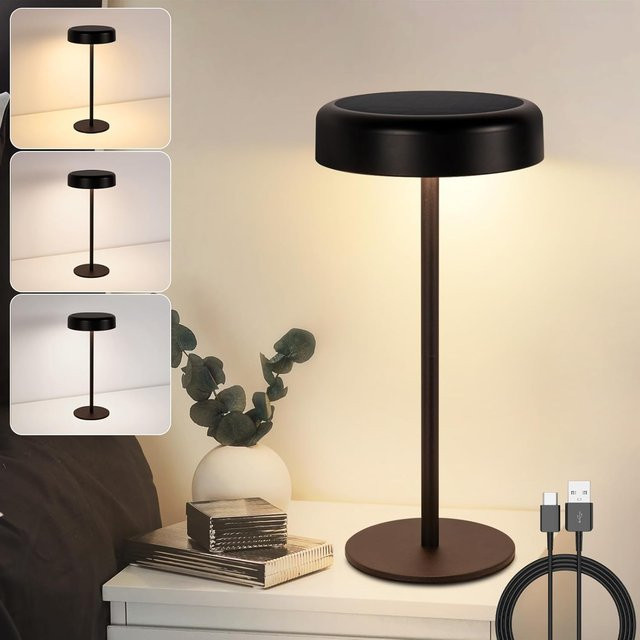 Dimmbare LED-Tischlampe in Schwarz mit Touch-Funktion, solarbetrieben und kabelloser USB-C-Aufladung, wasserdicht für Innen- und Außenbereich - Bild 1