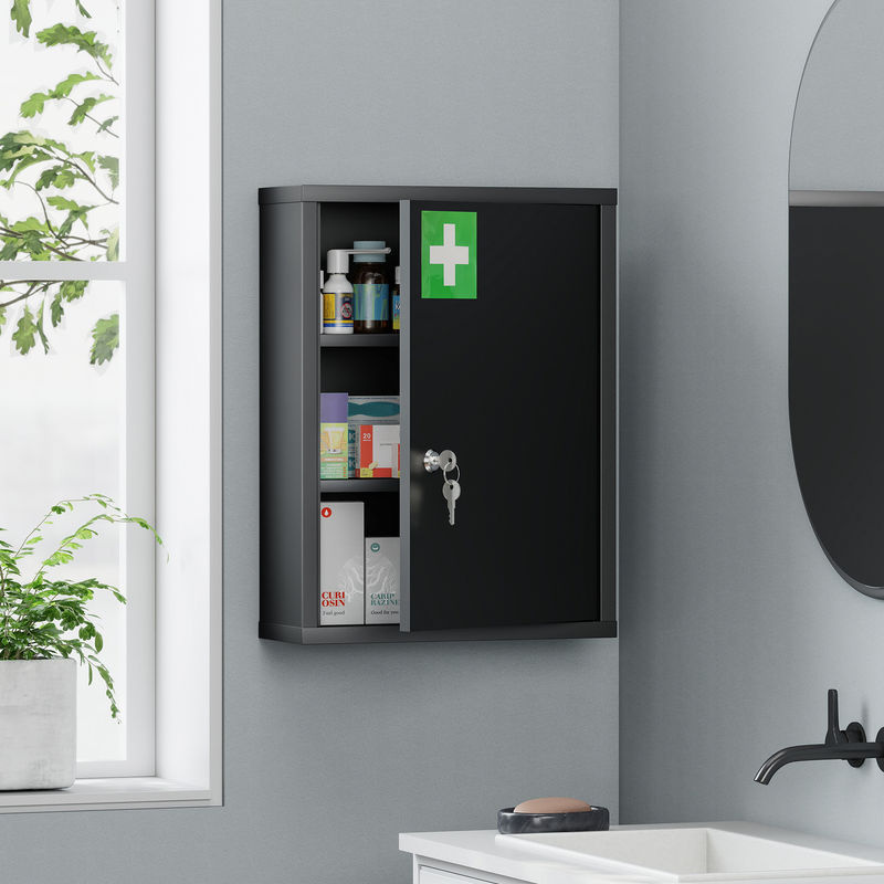 kleankin Medizinschrank Apothekerschrank aus Stahl mit 3 Fächern und Schloss, Schwarz, B: 40 cm, T: 15 cm, H: 53,5 cm - Bild 2