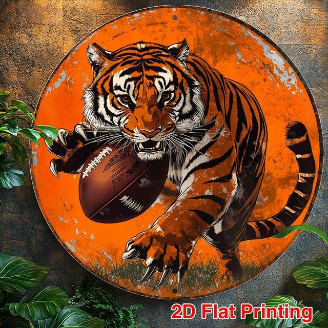 HELLOYOUNG Rundes Metallschild Vintage Tiger und Fußball Wandkunst in Orange - Bild 1