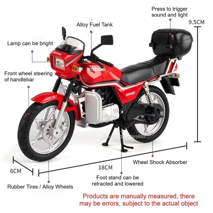 MAKEDA Suzuki GS125 GSX1000R Motorrad-Modell, 1:12, Metall, Rot, mit Licht und Sound - Bild 2