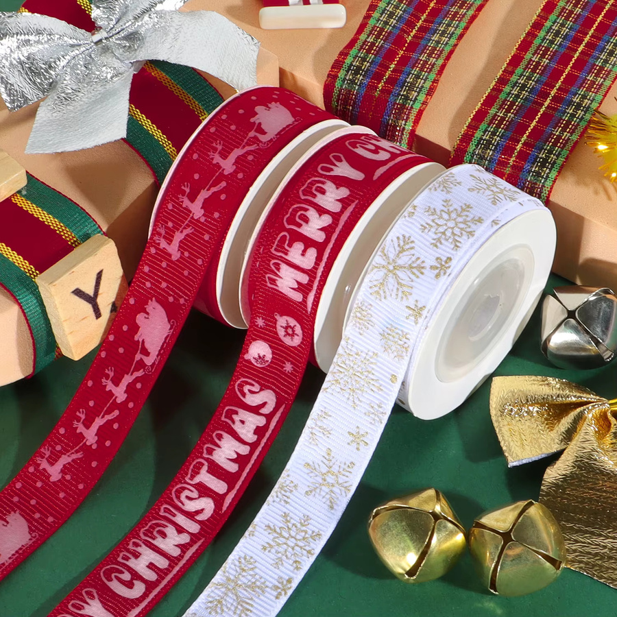 OEMOO Weihnachtsband aus Polyester mit floralem Print für DIY-Geschenkverpackungen und Weihnachtsdekoration, Breite: 1,5 cm, Länge: 4,57 m - Bild 5