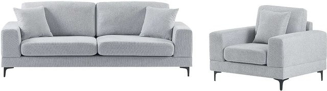 Couchgarnitur Jamolo von Vente-unique bestehend aus 3-Sitzer-Sofa und Sessel in Lichtgrau mit Stoffbezug, B/T/H: 227 x 82 x 60 cm und Sessel B/T/H: 107 x 76 x 82 cm - Bild 1