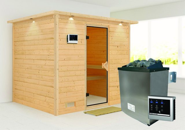 Karibu Sauna Sarina aus Fichte und Espe mit Ofen, externem Steuergerät und Dachkranz in Natur mit Ganzglastür in Bronze, B/T/H: 231 x 196 x 200 cm - Bild 1