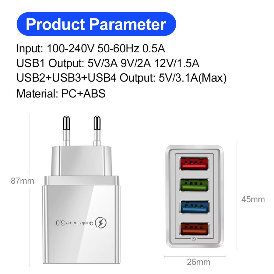 3A USB-Ladegerät mit 4 Ports und Quick Charge 3.0 Wandadapter für iPhone 16 Pro und andere mobile Geräte - Bild 4