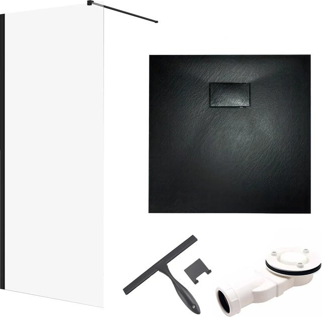 Bad Land Duschset VIDAR mit quadratischer Duschwanne aus Mineralguss und KETIL Walk-In Dusche in Schwarz und Transparent, B/T/H: 90 x 90 x 8 cm und B/T/H: 90 x 195 x 3,2 cm - Bild 1