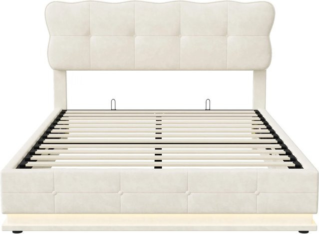 PXloue Polsterbett aus Samt mit LED-Beleuchtung und Stauraum in Beige, B/T/H: 140 x 200 x 110 cm - Bild 1