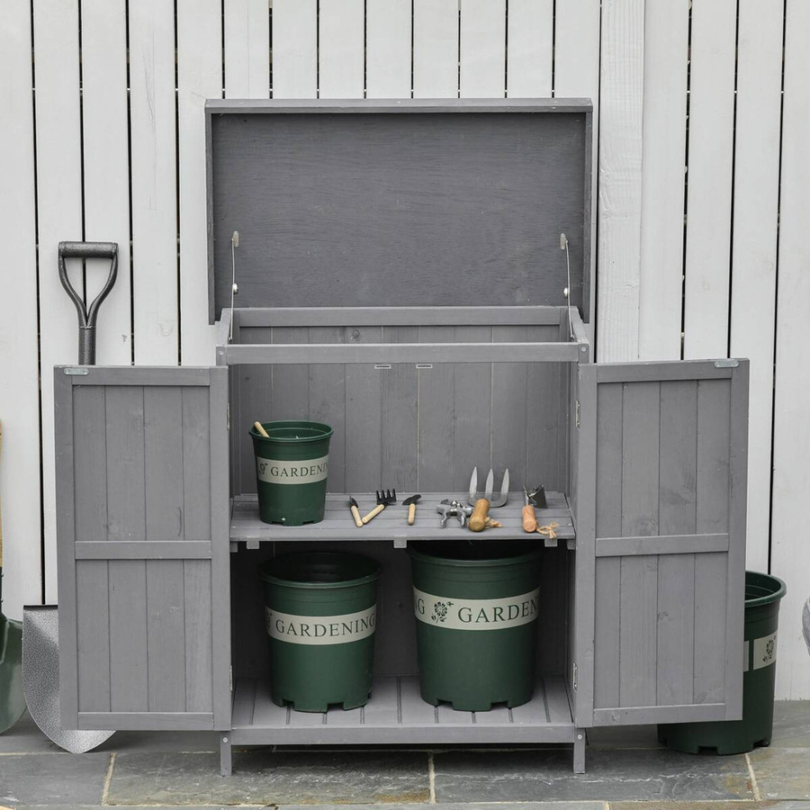 Outsunny Gartenschrank aus Tannenholz mit Doppeltür und 2 Fächern, Grau, B/T/H: 74 x 43 x 88 cm - Bild 2