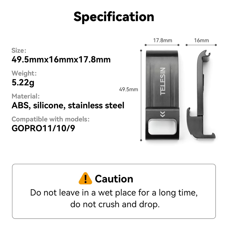 Telesin Wasserdichte Seitenabdeckung mit USB-C Ladeanschluss für GoPro Hero 12 11 10 9 in Schwarz - Bild 6