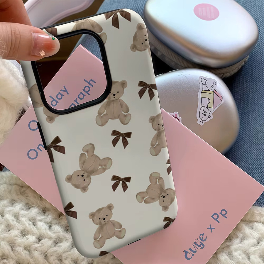 Potdemiel Handyhülle mit braunem Teddybär und Schleife für iPhone 17 16 15 14 13 12 Pro Max Plus mit doppelschichtiger Rückseite, Farbe: Braun - Bild 4