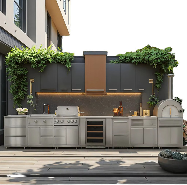 Moderne intelligente Outdoor-Küchenschränke aus Edelstahl mit eingebautem Kühlschrank und BBQ-Grill in Silber - Bild 1