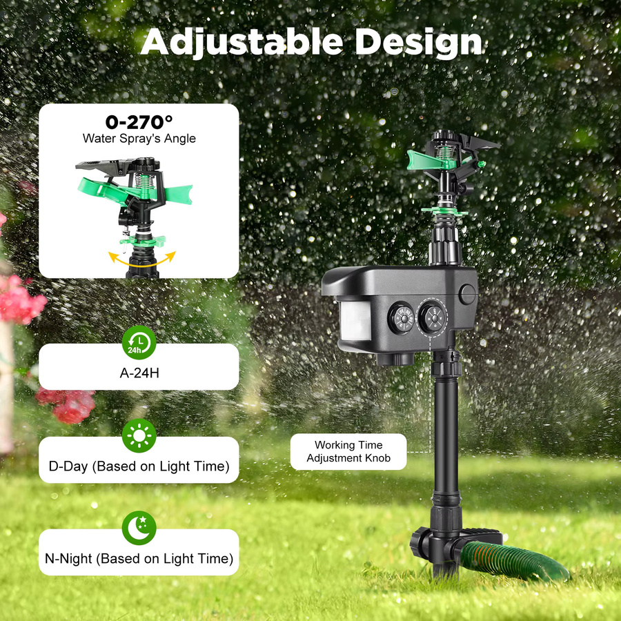 Bymaocar Solarbetriebener Bewegungsmelder-Sprinkler zur Tierabwehr mit Infrarotsensor, 120-Grad-Erfassung und 10 m Sprühweite, Schwarz - Bild 2