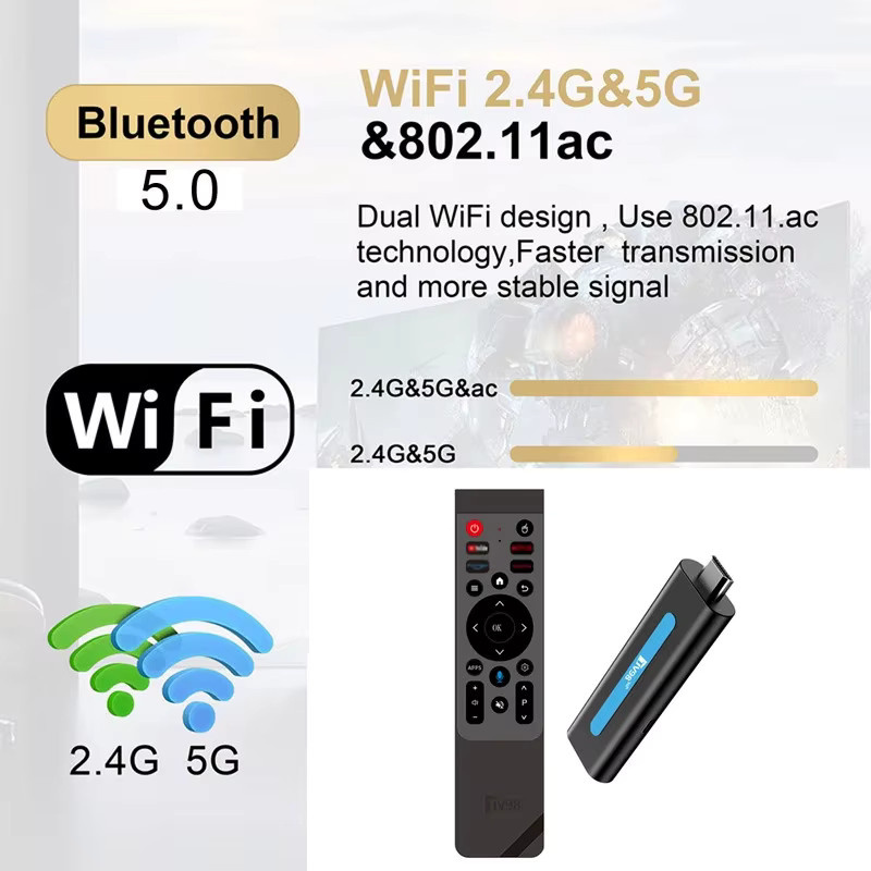 CLIBABIQBOX TV98 RK3518 Smart Android 14 TV-Stick mit Quad-Core, 8K und 4K Unterstützung, Dual-WLAN 4G/5G, Bluetooth 5.0 und Sprachfernbedienung in Schwarz - Bild 4