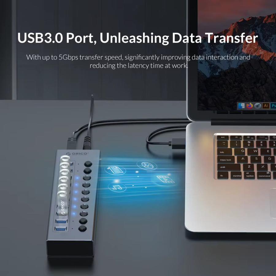 ORICO USB 3.0 Hub Aluminium USB Splitter mit 10 Ports und Ein/Aus Schalter in Grau inklusive 12V Netzteil zur Unterstützung des Aufladens für deinen Computer - Bild 2
