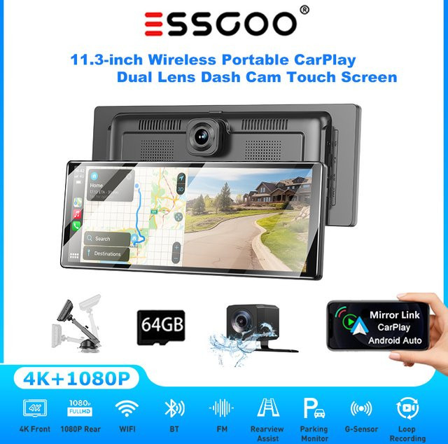 ESSGOO 11.3 Zoll 4K Ultra HD Wireless CarPlay Dashcam mit Android Auto, 1080p Heckkamera, GPS, Bluetooth, FM und Lenkradsteuerung in Schwarz - Bild 1