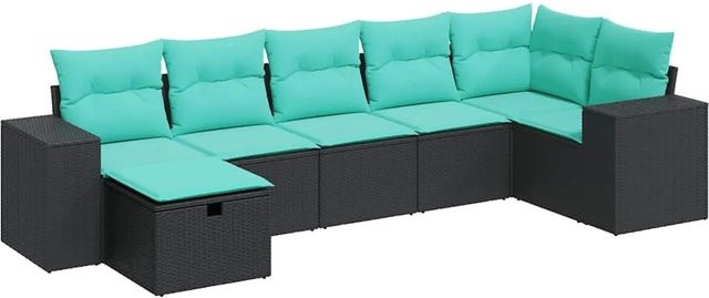 vidaXL 7-teilige Garten-Sofagarnitur in L-Form aus schwarzem Poly-Rattan mit Kissen und pulverbeschichtetem Stahlgestell - Bild 1