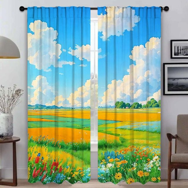 2er-Set moderne Vorhänge mit floralem Naturmuster, halbtransparent, Mehrfarbig, Breite: 50 cm, Höhe: 70 cm - Bild 1