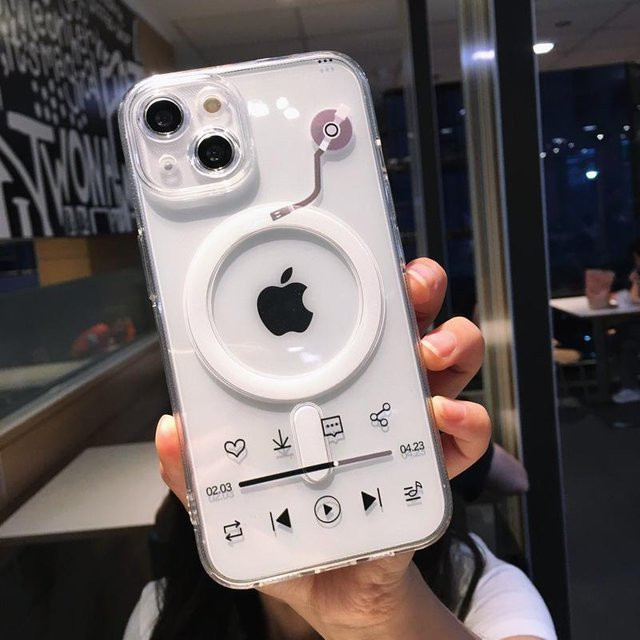 Yiran Musik Player MagSafe Magnetische Kabellose Ladehülle für iPhone 16 15 14 13 12 11 Pro Max Plus, Transparent/Grau, Stoßfest und Weich - Bild 1