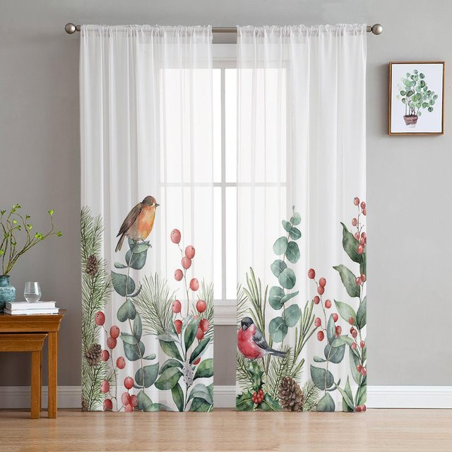 Transparente Weihnachtsvorhänge mit Eukalyptus, Beeren und Rotkehlchen in Weiß, B: 135 cm, H: 115 cm - Bild 1